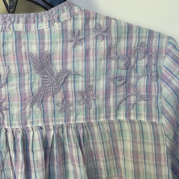 Johnny Was Malo Puff Sleeve Blouse Lilac Embroidered Plaid Bird Floral Small - Picture 11 of 13